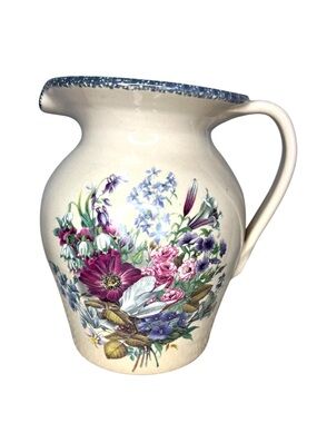 Longaberger Floral Pitcher Vase 2001 Hand Painted Pottery 9.5” Farmhouse